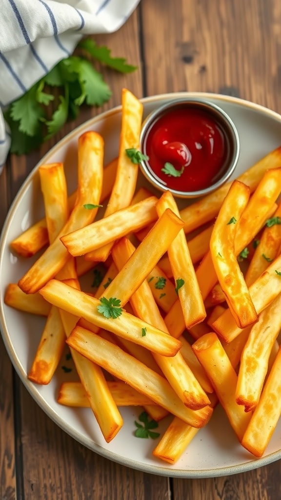 Crispy air fryer French fries on a plate with ketchup, garnished with herbs.